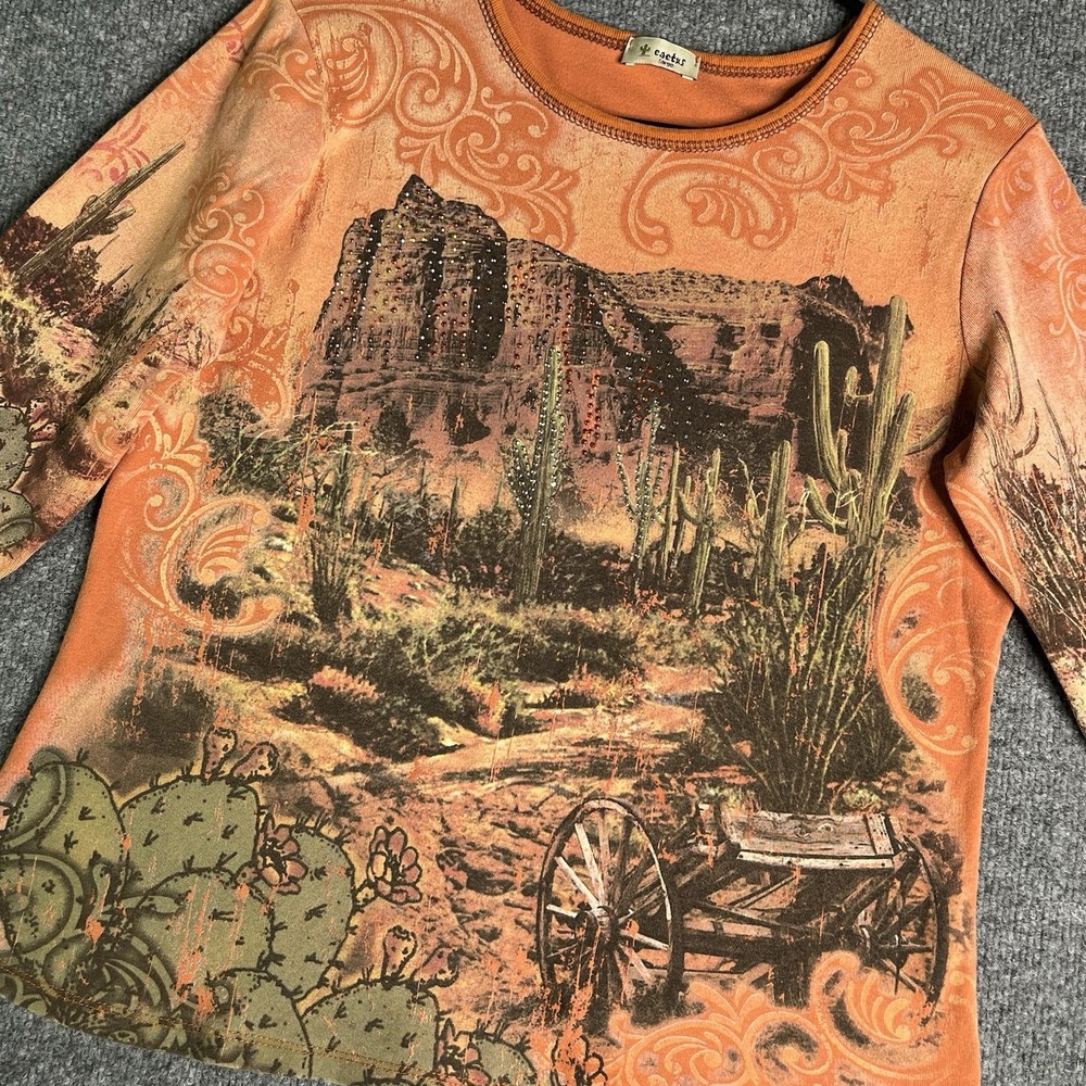 Cactus Top Women Large Western Desert Graphic Southwestern Landscape Saguaro Y2K - Picture 2 of 8